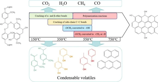Co-Evolution of Volatiles and Pyrolytic Residue during Lignin Pyrolysis