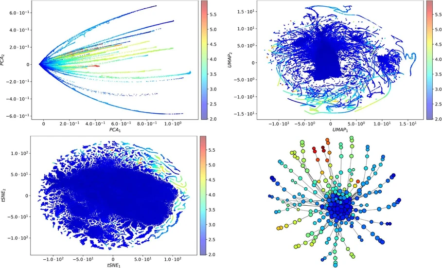 Anal. Chem. 2025, 97, 46, 25853–25867: Figure 7. PCA, UMAP, tSNE, and Ball Mapper of wine k = 1 (Table 1) for VnMS1 (eq 6): The Ball Mapper graph is shown at ϵ = 0.2 for legibility; all analyses elsewhere use ϵ = 0.08; see also Figure 6 for resolution effects.