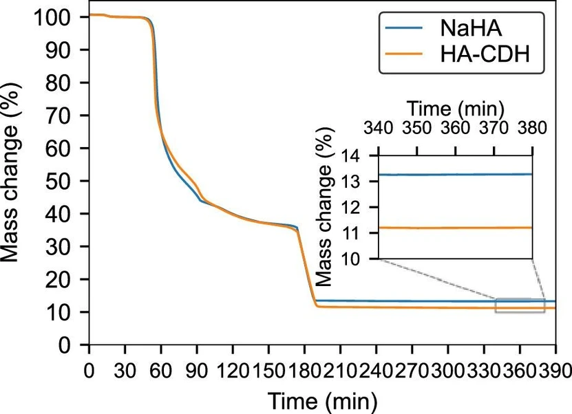 Chem. Mater. 2026, 38, 1, 442–453: Figure 2. Air-ramp TGA profiles of unmodified NaHA (blue) and HA-CDH (orange). The inset highlights the difference in final Na2CO3 residue mass (340–380 min).
