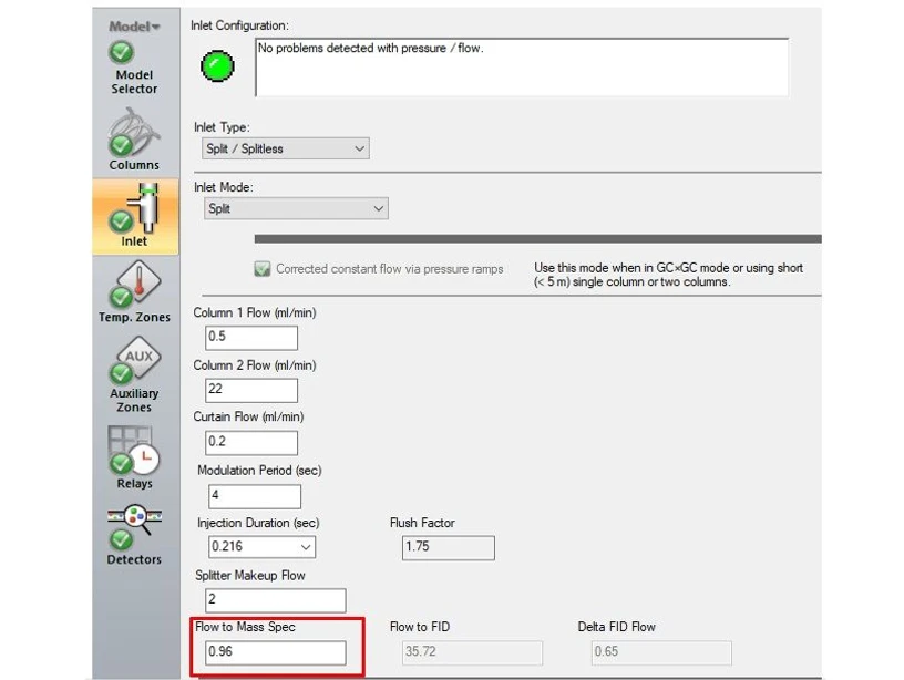 LECO Paradigm Flow Modulator and Shift Flow Splitter:   ChromaTOF Software automatically optimizes flow rates