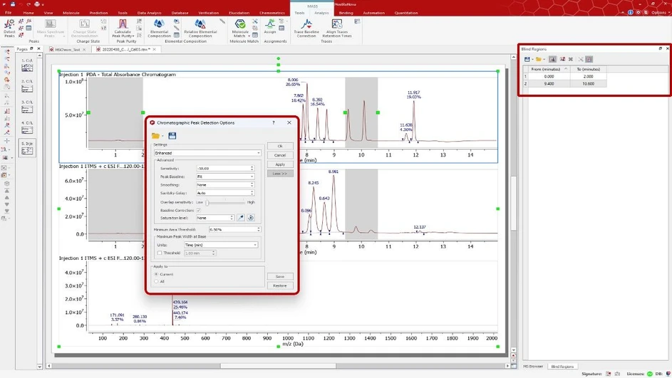 Mestrelab Research: Mnova MSChrom - Chromatographic Peak Detection Settings panel and Blind Regions table displayed after peak picking process and applying two blind regions on the chromatogram.